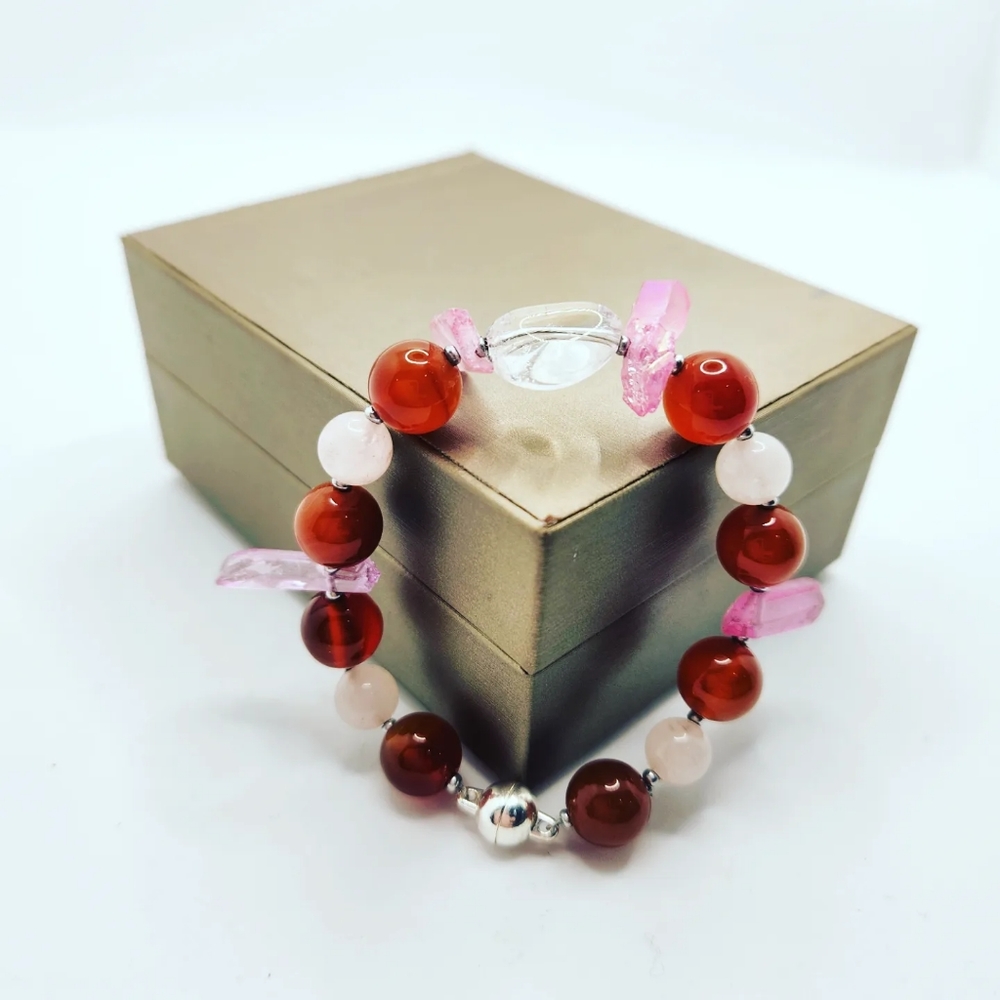 Red Agate, Rose Quartz, Clear Quartz Bracelet